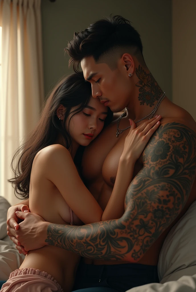a couple, a woman lying on a man's chest
