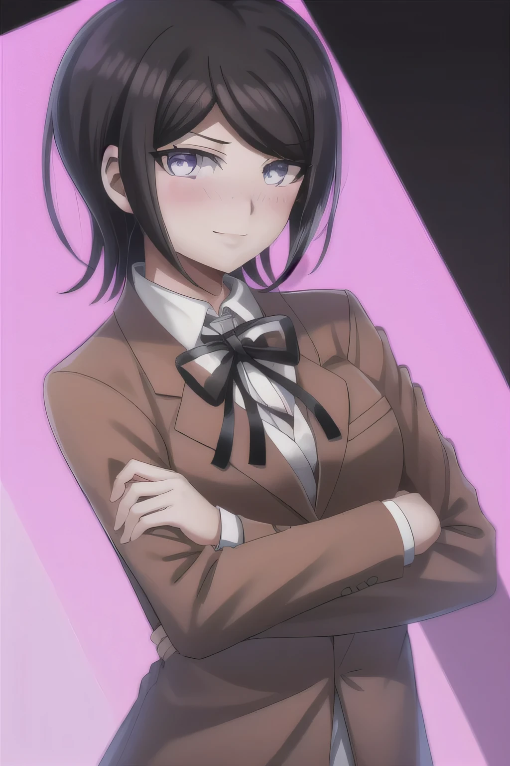 Mukuro Ikusaba. Masterpiece, Best Quality,  1girl, solo, jacket, ribbon, shirt, neck ribbon, upper body, looking at viewer with shy blushing smile, collared shirt, brown jacket, white shirt, black ribbon, breasts, simple background, closed mouth, white background, long sleeves, shiny hair, school uniform, transparent background, medium breasts, holding rainbow flag, shiny. 