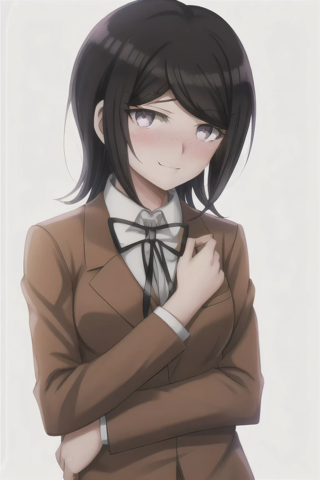 Mukuro Ikusaba. Masterpiece, Best Quality, 1girl, solo, jacket, ribbon, shirt, neck ribbon, upper body, looking at viewer with shy blushing smile, collared shirt, brown jacket, white shirt, black ribbon, breasts, simple background, closed mouth, white background, long sleeves, shiny hair, school uniform, transparent background, medium breasts, holding rainbow flag, shiny.