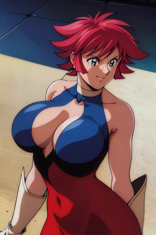 masterpiece, high resolution, best quality, rendered art, beautiful art, well formed fingers and hands and body, 1 woman, solo, shin_cutie_honey, red hair, sexy leotard, sexy and skimpy outfit, white boots, cleavage, big and large breasted, full body portrait, bouncing breasts, sweating, dancing seductively and erotically, shaking her body alluringly, looking at the viewer, smiling joyfully and brightly, flirting, beach environment 