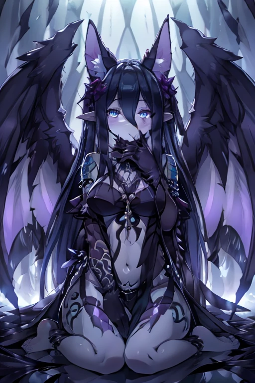 Miku Hatsune, add high definition_detail:1, blue fur,kitsune ears, tribal tattoo add_detail:1, in hell add_detail, barefoot, the same, giant black feather wings add_detail:1 ,alas hermosas la mejor calidad y detail en las flumas, purple saturation light