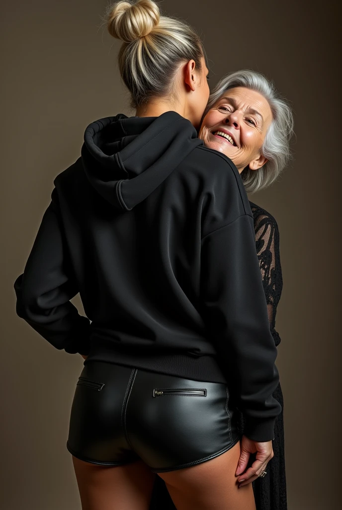 black woman hair in a bun black hoodie black leather short shorts being fucked in the ass by a old grandma in a dress
