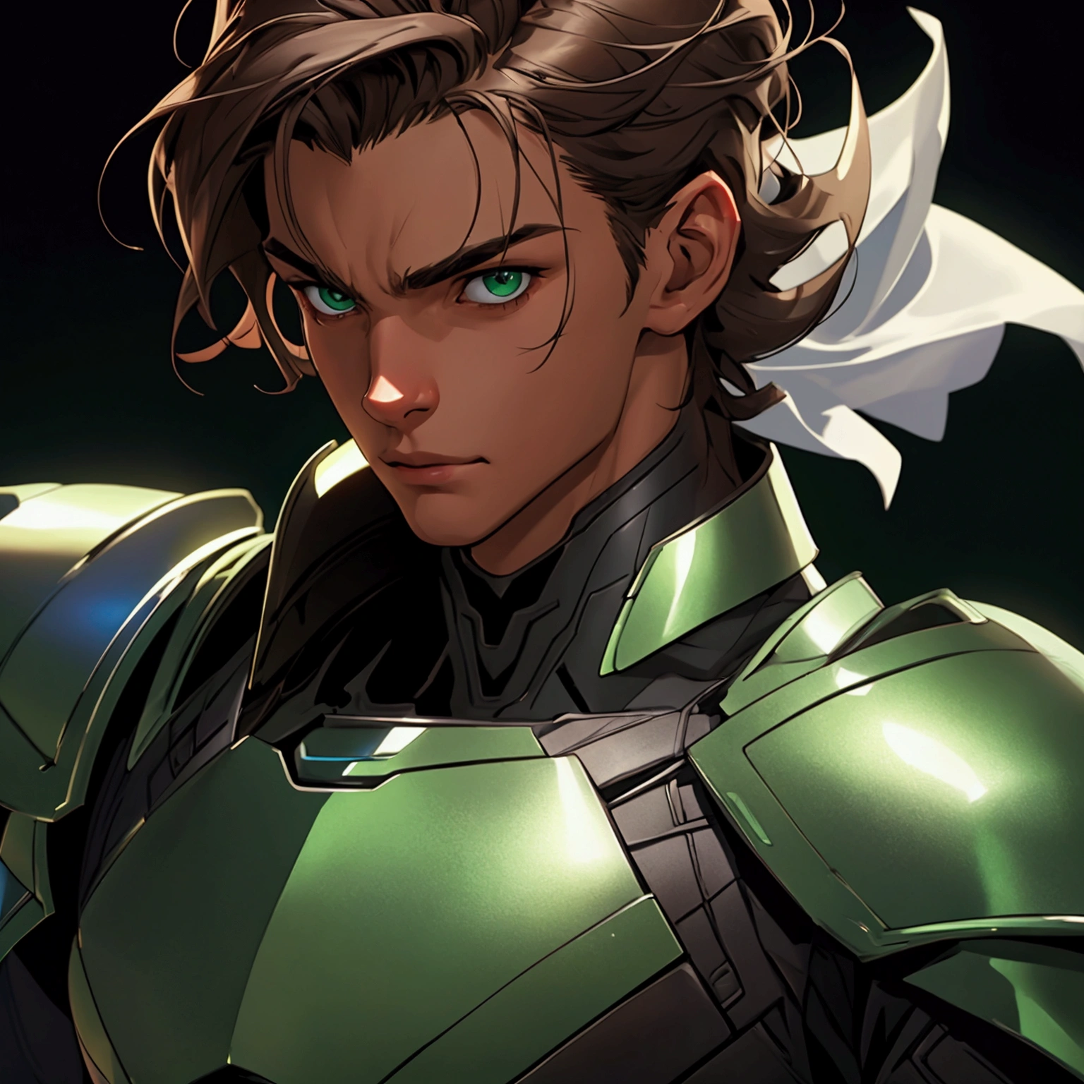 envision a 8k, highres, semi realistic cinematic close up portrait of a man with a slender body, clean shaved, sleek brown hair, and green eyes, silver armor, against a dark gray background