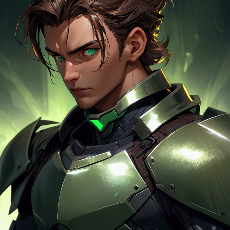 envision a 8k, highres, semi realistic cinematic close up portrait of a man with a slender body, clean shaved, sleek brown hair, and green eyes, silver armor, against a dark gray background