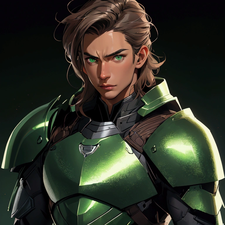 envision a 8k, highres, semi realistic cinematic close up portrait of a man with a slender body, clean shaved, sleek brown hair, and green eyes, silver armor, against a dark gray background