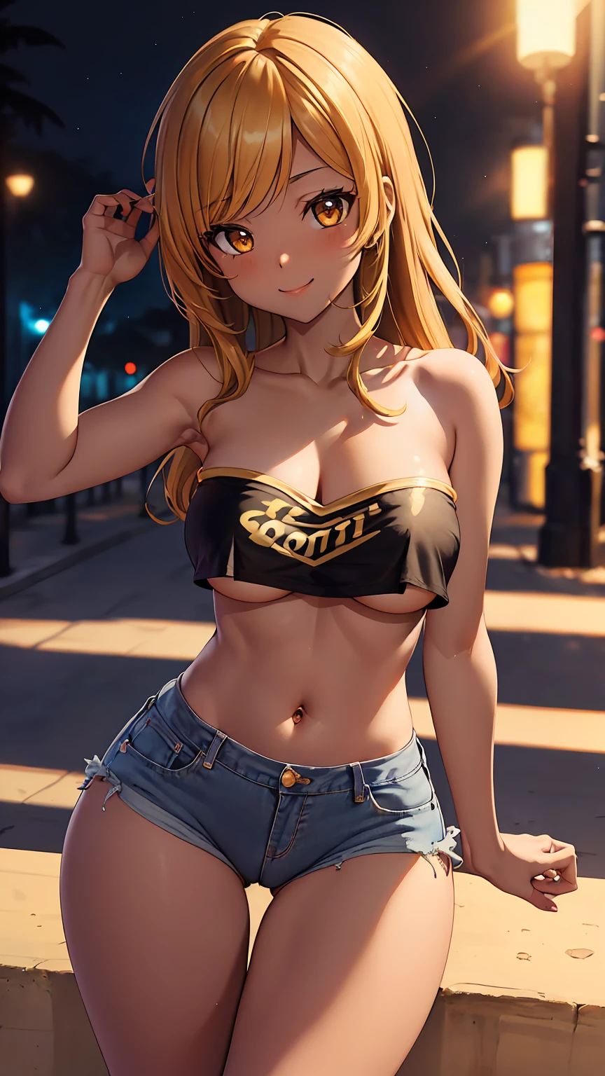 1girl, anime girl, anime, (dark skin), 2d girl, 16y, (fullbody), standing, anime girl, golden eyes, seductive smile, (golden hair), (((tube top,strapless,black))) exposed navel, (((underboob view))), Solo, Slim, large breasts, big Breasts, Tight Shorts, low waist shorts, upshorts, The night beach background, city lights, looking at viewer, darker shadows, (((shorts))), (((sexy))), (((absurdres))), (((thigh gap))), cameltoe, (((cameltoe))), (((cleft of venus))), (((lowleg shorts))),