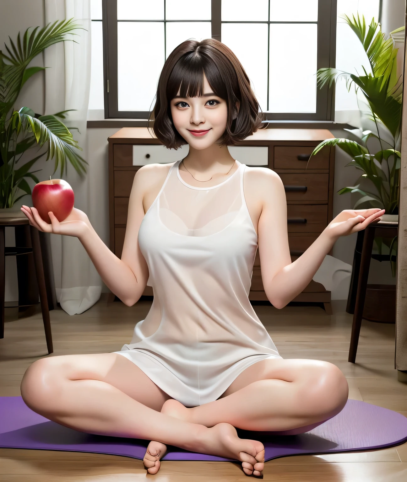 {{{As if you were holding an apple(both hands)Please extend it forward::1.8}}},{{{Blunt bangs、short hair:1.6}}}},,{{Girl sitting on a mat and doing yoga poses:１８Year:Double Eyes::smile}},, Sitting pose,{Tight tank top:See through}, Affectionate, Affectionate, gentle pose, Symmetrical pose, Full body pose, 