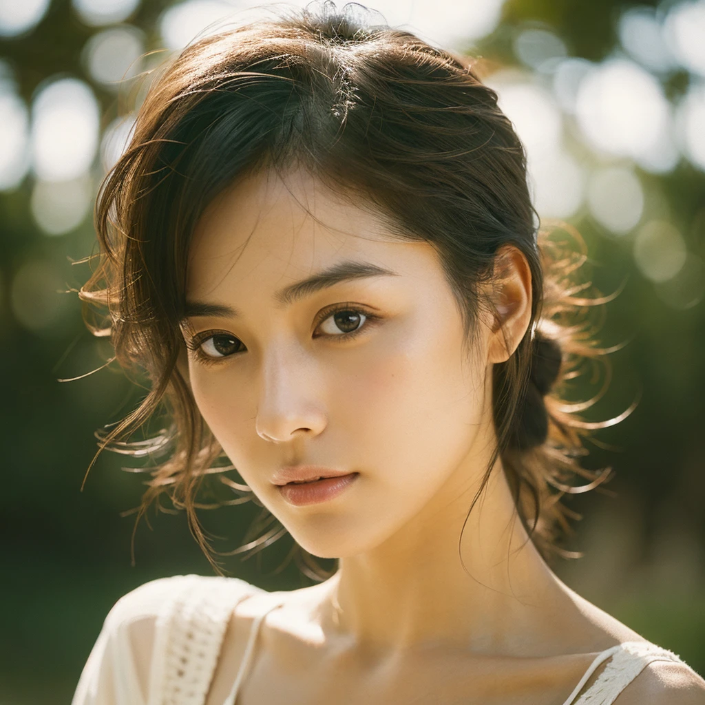 A hyper-realistic image of a single Japanese woman in her early 20s, captured with the nostalgic warmth and subtle graininess of a film camera, focusing on her upper body from the shoulders up. Her skin has a warm beige tone with a natural, slightly rough texture that includes visible pores, fine lines, and subtle imperfections such as small blemishes, adding to the authenticity of her appearance. The soft, diffused natural light enhances the film-like quality, casting gentle shadows across her face and shoulders to create a timeless, organic feel. Her straight, glossy black hair frames her face in a natural, slightly tousled manner, and her deep brown eyes reflect the ambient light, adding depth and emotion. The film camera effect introduces a slight grain and a softer focus, giving the image a warm, nostalgic atmosphere while maintaining the realistic texture of her skin. She is dressed in a simple, elegant top that complements her natural beauty, with the overall composition designed to evoke a sense of genuine, understated elegance. The use of natural light, combined with the deliberately rougher texture of her skin and the film-like qualities, ensures that this image captures the imperfections that make her beauty truly lifelike, focusing solely on this one individual from the shoulders up.