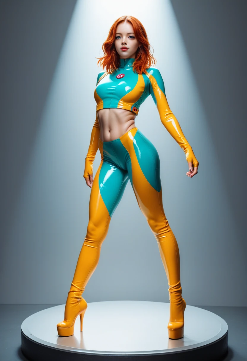 A sexy  superheroine,  with, powerful and seductive, detailed facial features, cinematic lighting, dynamic pose,, vibrant colors, digital art, hyper realistic, 8k, award winning illustration, masterpiece UHD, 8k  outfit (full body) Sluty outfit, midriff, 