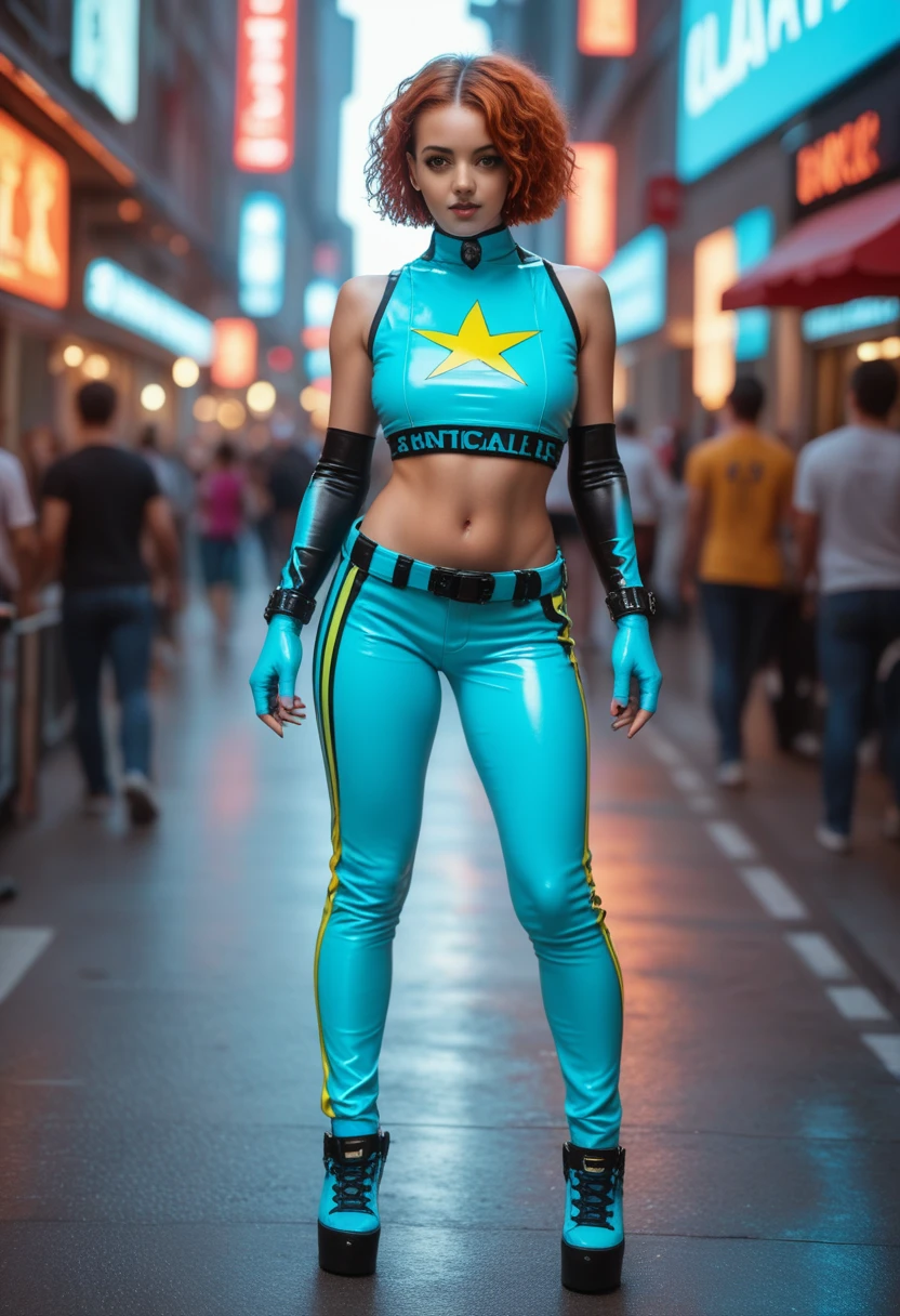 A sexy  superheroine,  with, powerful and seductive, detailed facial features, cinematic lighting, dynamic pose,, vibrant colors, digital art, hyper realistic, 8k, award winning illustration, masterpiece UHD, 8k  outfit (full body) Sluty outfit, midriff, 