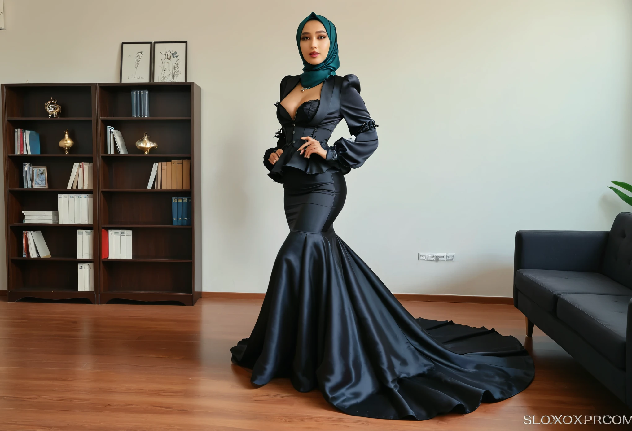 a woman in the mermaid long train black silk skirt,wear peplum blazerwith puff sleeve, wear corset, wear modern hijab, full body, long satin, very long satin mermaid tight long skirt, flowy dramatic five meter long train skirt, tall women, in office room, strugle to walk, big brest, nipple on, sexy pose, wear high heels, masterpice