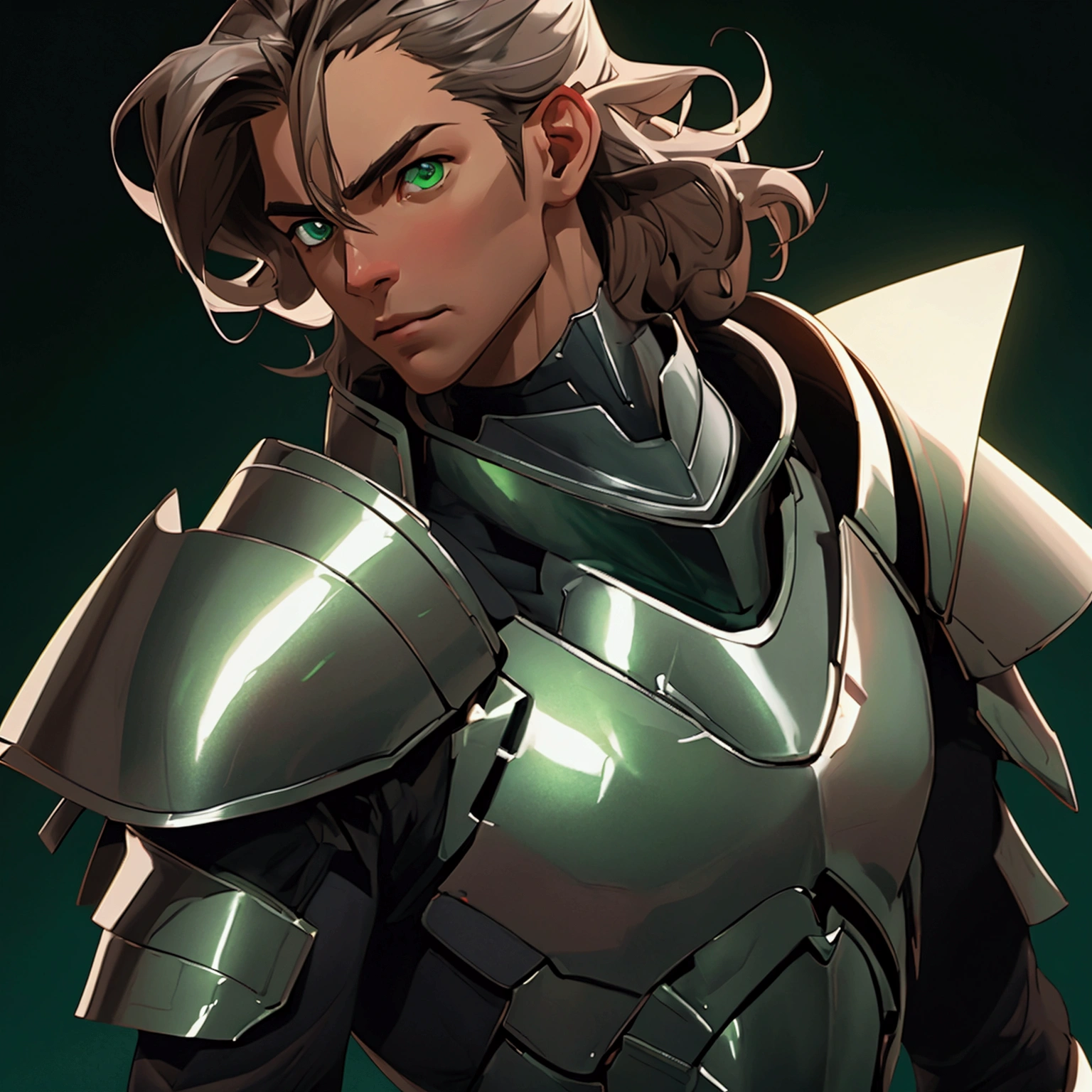 envision a 8k, highres, semi realistic cinematic close up portrait of a man with a slender body, clean shaved, sleek brown hair, and green eyes, silver armor, against a dark gray background