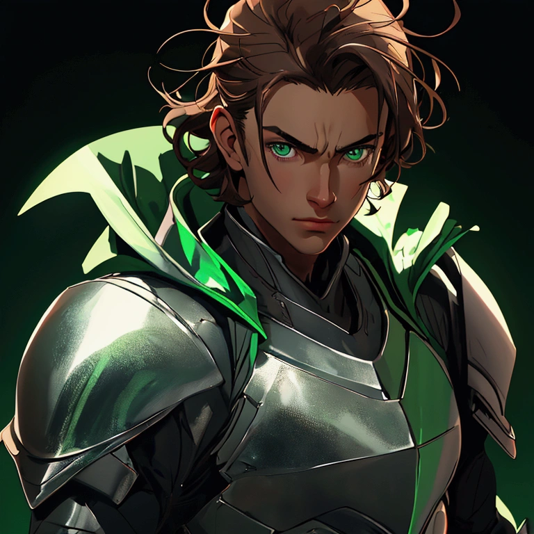 envision a 8k, highres, semi realistic cinematic close up portrait of a man with a slender body, clean shaved, sleek brown hair, and green eyes, silver armor, against a dark gray background