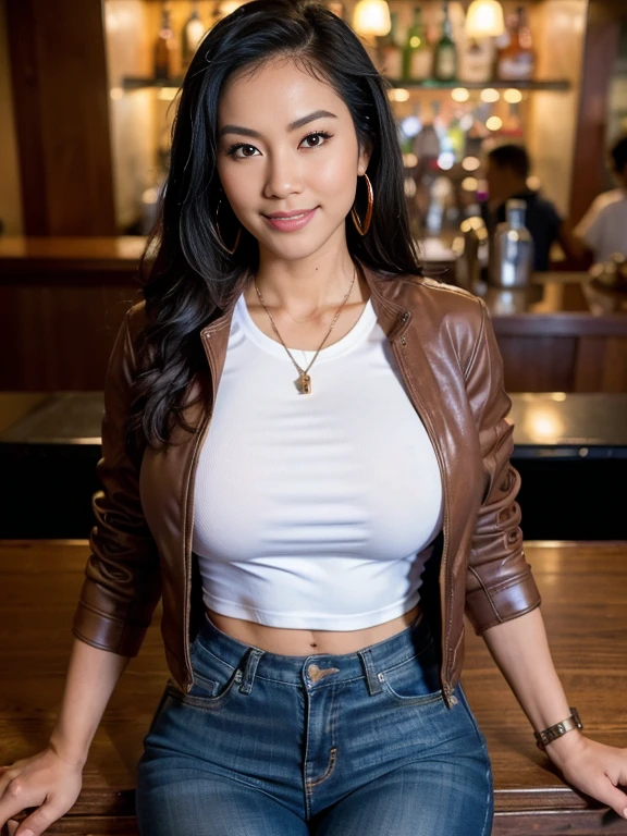 (Thai-American Women),(motercycle jacket:1.4),(bar counter:1.5),(highest quality, 8K, masterpiece:1.3),(huge breasts:1.3),(Carl outward hair),(tanned skin),thin waist,(mole under eye)、(biologically correct hand)、(U-neck shirt:1.2),smile cutely,Ring earrings、(((full body shot view))),