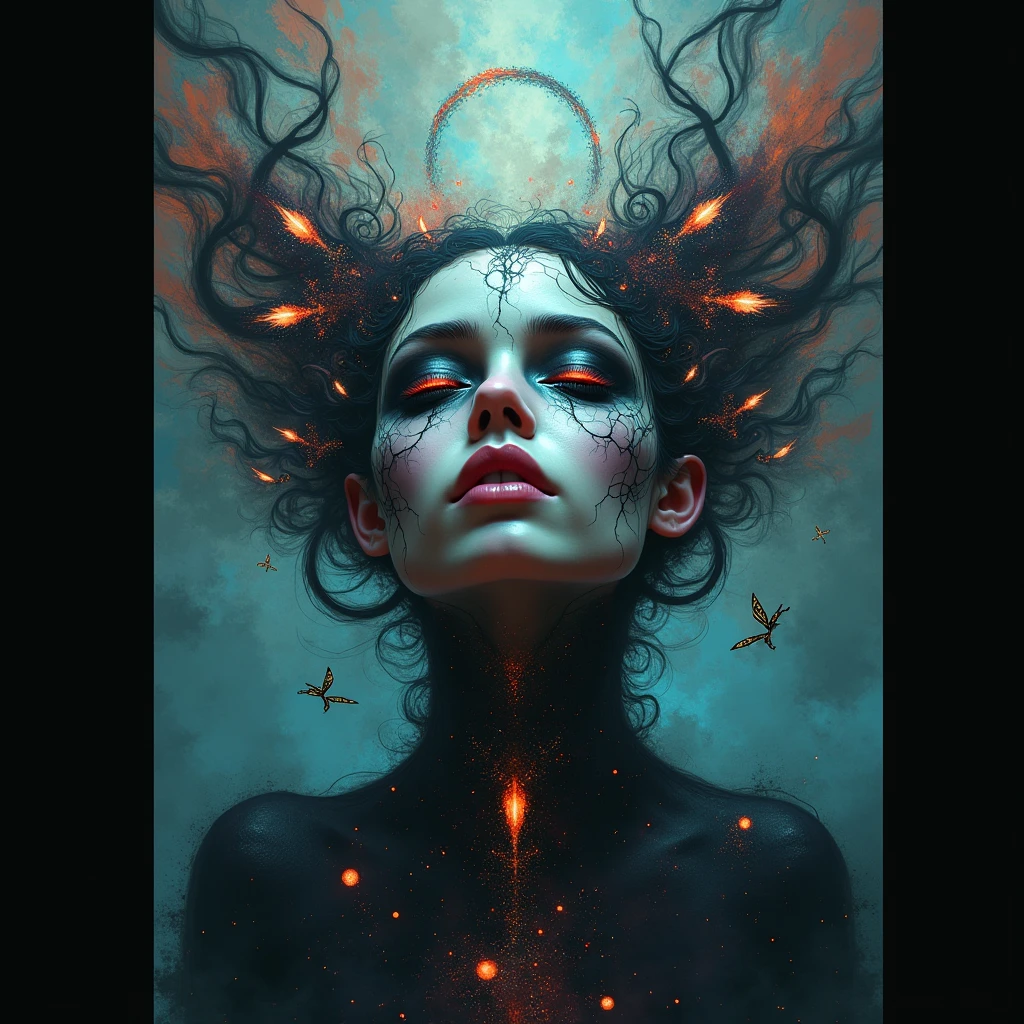 arafed woman with a black body and a blue dress with a red flame in her hair, dan mumford tom bagshaw, intricate body, intricate digital painting, stunning digital illustration, beautiful biomechanical djinn, woman made of black flames, tomasz alen kopera and cgsociety, digital painting | intricate, detailed fantasy digital art