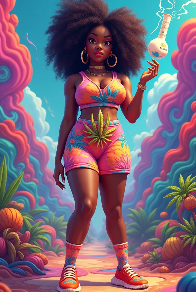 design 3d sexy comfortable house clothes with vibrant stoner colors for african american women. the logo on the clothes a anti-gravity bong character with indica floating inside. design matching socks and slippers. the brand name l.i.f.t. clothing should be visible on the clothes.
