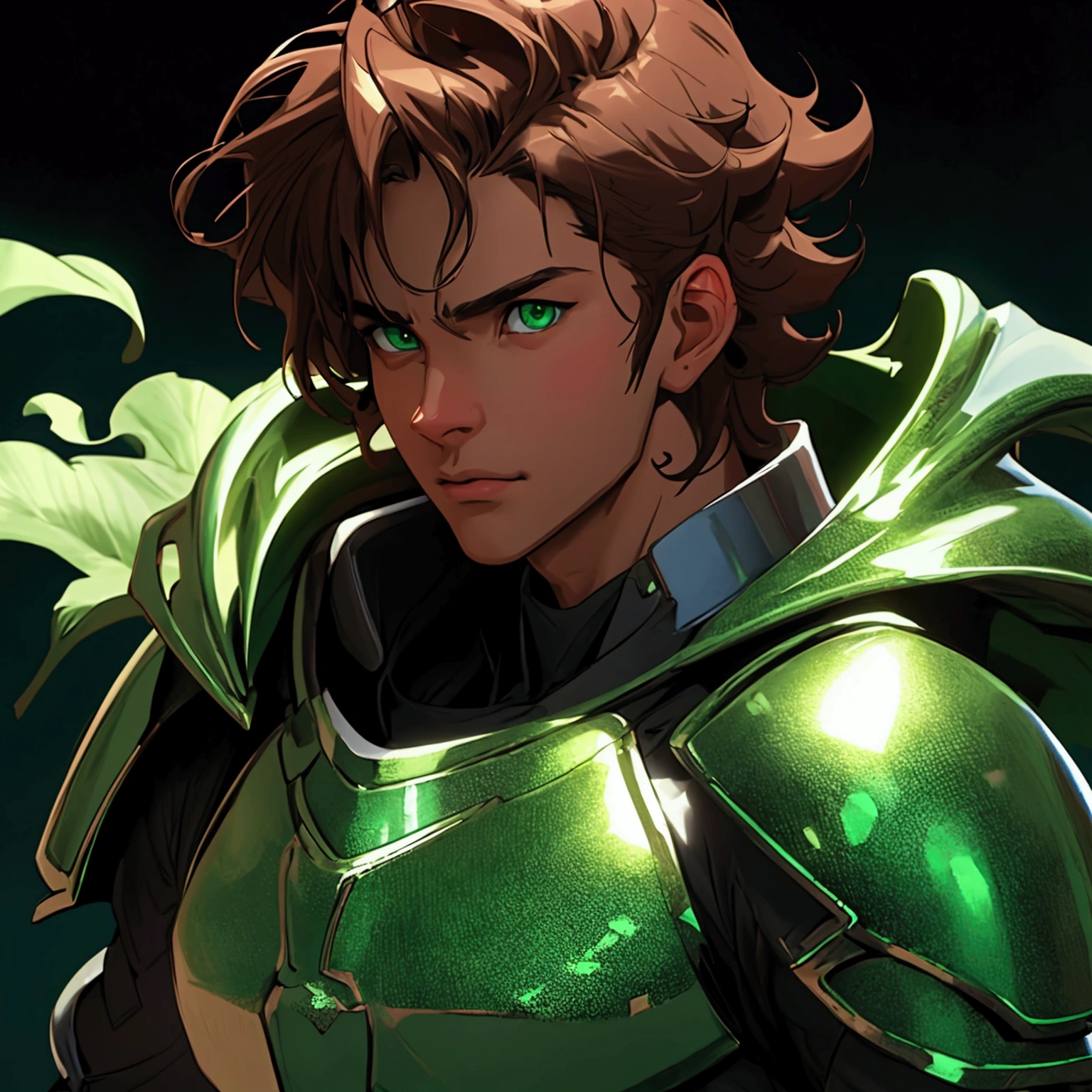 envision a 8k, highres, semi realistic cinematic close up portrait of a man with a slender body, clean shaved, shaggy brown hair, and green eyes, silver armor, against a dark gray background