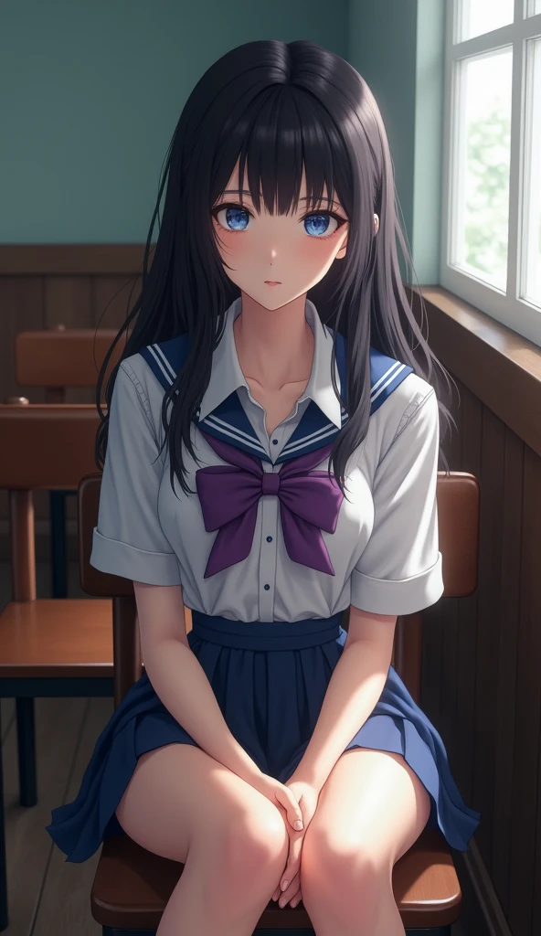 Naughty junior high school girls、Black Haired Beautiful Girl、Short-sleeved uniform、White blouse、Lightweight blouse、A little sheer、Collarbone in full view、Navy Skirt、Short skirt、Sexy thighs、Inner thighs、Clear body lines、Arms behind back、School、Midsummer、Hot classroom