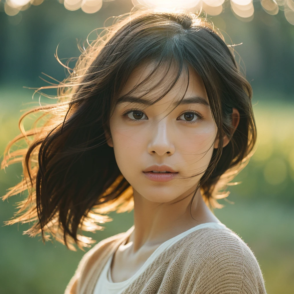 A hyper-realistic image of a single Japanese woman in her early 20s, captured with the nostalgic warmth and subtle graininess of a film camera, focusing on her upper body from the shoulders up. Her skin has a warm beige tone with a natural, slightly rough texture that includes visible pores, fine lines, and subtle imperfections such as small blemishes, adding to the authenticity of her appearance. The soft, diffused natural light enhances the film-like quality, casting gentle shadows across her face and shoulders to create a timeless, organic feel. Her straight, glossy black hair frames her face in a natural, slightly tousled manner, and her deep brown eyes reflect the ambient light, adding depth and emotion. The film camera effect introduces a slight grain and a softer focus, giving the image a warm, nostalgic atmosphere while maintaining the realistic texture of her skin. She is dressed in a simple, elegant top that complements her natural beauty, with the overall composition designed to evoke a sense of genuine, understated elegance. The use of natural light, combined with the deliberately rougher texture of her skin and the film-like qualities, ensures that this image captures the imperfections that make her beauty truly lifelike, focusing solely on this one individual from the shoulders up.