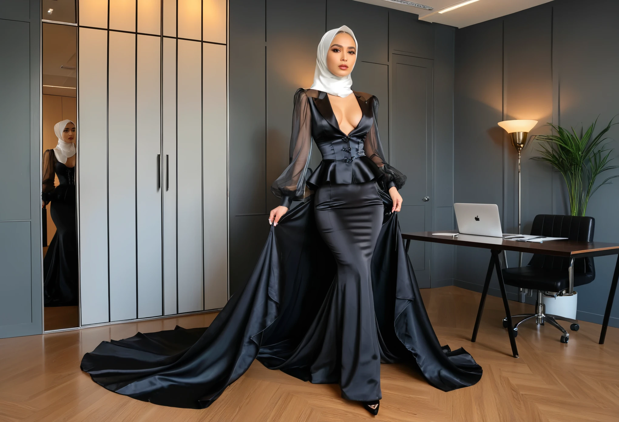 a woman in the mermaid long train black silk skirt,wear peplum blazer with transparent puff sleeves, wear corset, wear modern satin hijab, full body, long satin, very long satin mermaid tight long skirt, flowy dramatic 5 meter long gown, tall women, in office room, strugle to walk, big brest, nipple on, sexy pose, wear high heels, masterpice