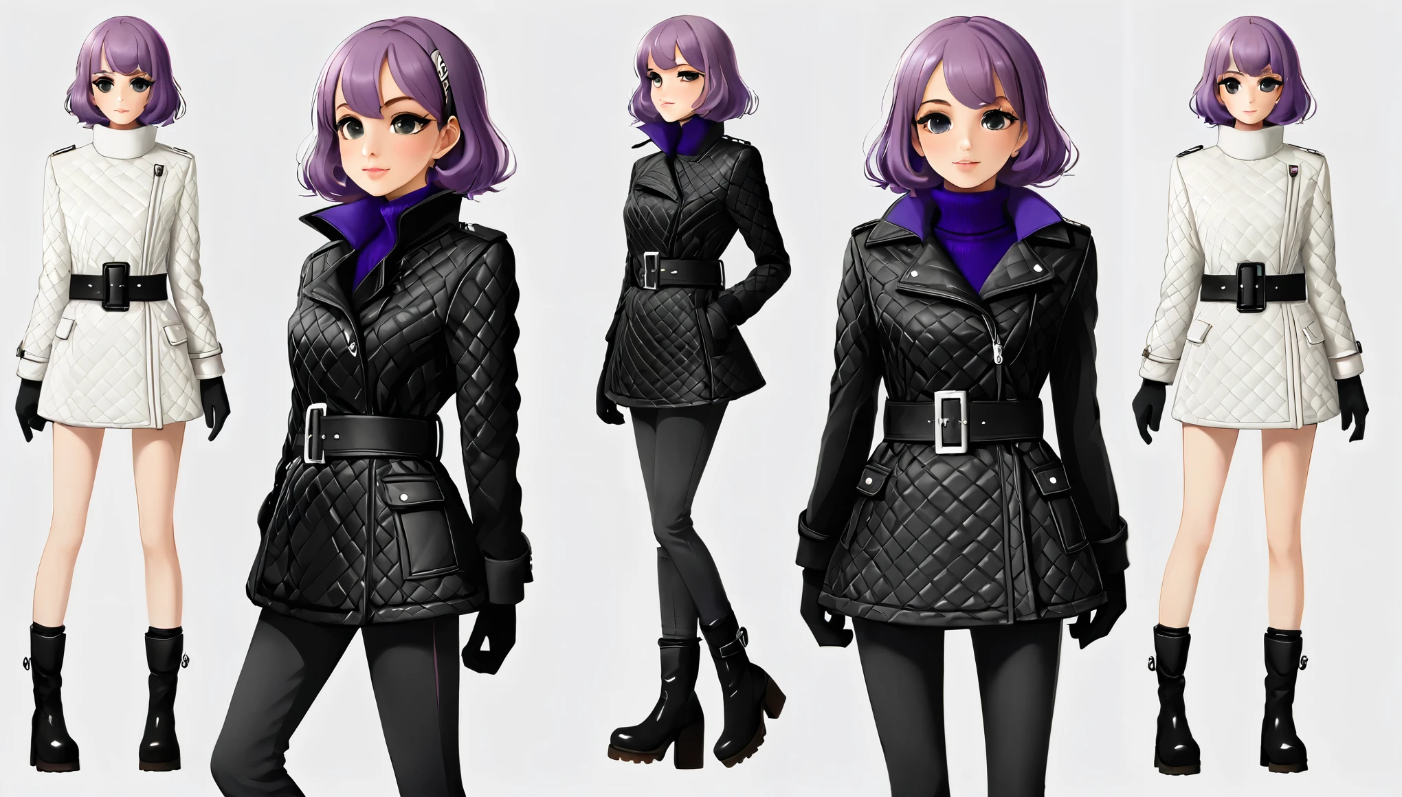 Score_9, Score_8_up, Score_7_up, Score_6_up, Score_5_up, Score_4_up, ((masterpiece, best quality, ultra detailed, super high resolution)), (source_anime), 1girl, full-body female character, with short violet hair, wearing a black quilted jacket with a diamond pattern, The jacket reaches the upper part of the thighs and is completely closed, it features a wide belt with a square metal buckle at the waist, which emphasizes its silhouette. Underneath the jacket, there is a purple turtleneck that fits snugly, tight black pants with side pockets, which complements her figure, tall black boots with subtle purple black gloves, adding a chic and stylish touch. to the outfit. The background is simple and neutral, a dynamic pose, dynamic pose, concept art, multiple views, simple white background, different perspective of the character, smooth line art, thick lines, bold line art,