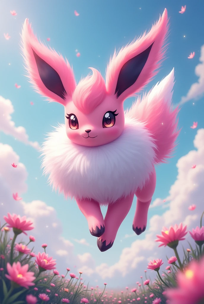 Pokémon,big sylveon on main,adolable,Beautiful fusion monster,Fantastical pink colors,Natural, flying on the sky with your waist crossed, Ghibli style, dreamy and sparkly landscape