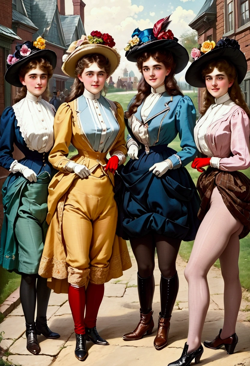 A group of teenage girls, of different hair colors, ages 13 to 15, flirting with old perverts in the 1890s, (((showing some leg))). Victorian setting. 1890_dr3ss. Year 1898. Colorful high-collar long sleeve shirtwaists, long skirts, elegant hats, gloves, petticoats, silk stockings and boots.