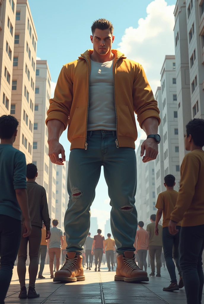 Muscular man wearing a shirt with long shorts Long loose shorts With pockets on the sides with converse sneakers Orange T-shirt and brown shorts Long short, long short, long Fighting a humanoid monster in the sky as they fly