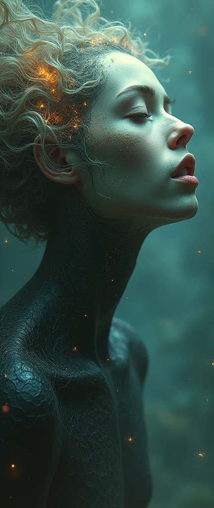 A stunning, hyper-realistic portrayal of an alien creature by Esao Andrews. The fish girl is depicted with a slender, bioluminescent body, adorned with multi-colored neon dots that glow brilliantly. Her transparent skin reveals her intricate internal structure, and her small, round appendages serve as arms, gently embracing her otherworldly fish-like face. Esao Andrews' unique artistic techniques create an atmosphere of wonder and mystique, drawing the viewer into the captivating world of this enigmatic creature.