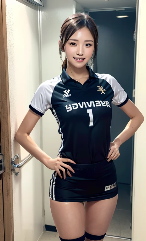 ((RAW, analog style)), F/1.8, ((solo japanese beautiful woman )), (((((wearing black high leg volleyball uniform and 20 denier dark brown shiny pantyhose))))), ((Standing pose with hands on hips,fashon model pose , stylish pose, contrapposto)) ,((full body shot,front view)), Spread your feet to shoulder width,japanese race queen,(((athletic tall slender))), ((korean heavy make up)),smile and laughing face,((brown short straight hair)),black highheel,((Very beautiful and pretty)), ((cute cheeks)), ((oval and tall face)), ((bangs)), ((human black eyes)), ((human ears)), ((natural look)), Tokyo city, Bunny teeth, Realistic face, beautiful long leg, ((both eyes are the same)), natural look, photographed with a Sony a7 III Mirrorless Camera, ((film grain, skin details, high detailed skin texture, raytracing, 8k hdr, dslr)),athletic slender (((muscular))) dark haired pale skin , (beautiful detailed face), great legs, ((nice hands)), even eyes, erect pointy nipples, 4K, (pores), glistening skin, 1200ppsi, hyperrealism