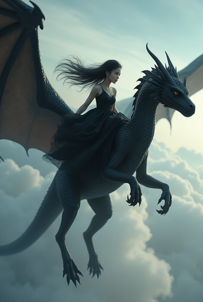 Pale girl, black hair blue eyes with short white dress, riding a red-eyed black dragon over a city 