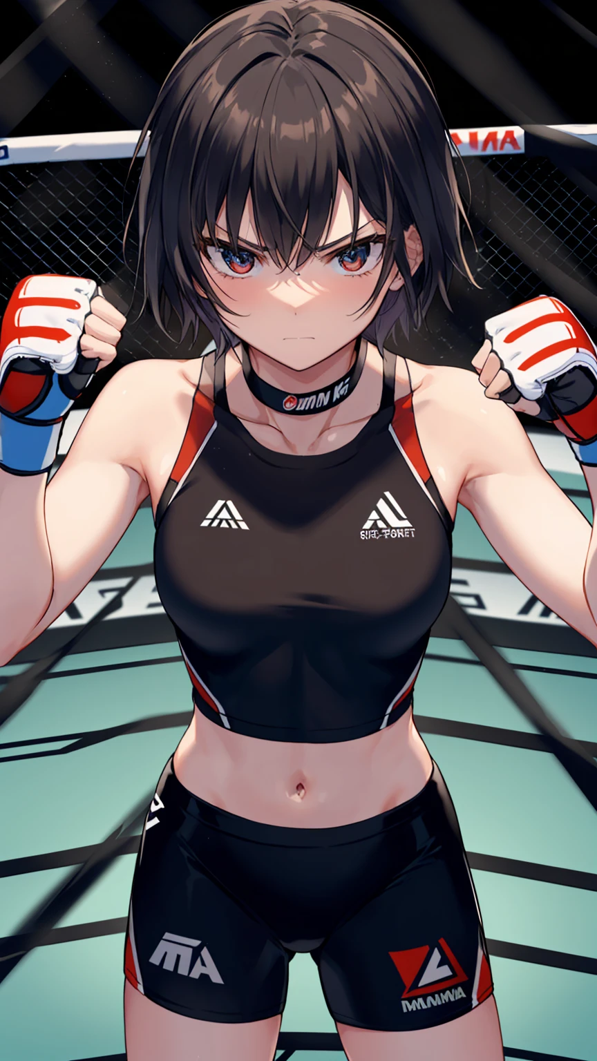 nanasaki, nanasaki ai, ai nanasaki, ((top-quality,8K,Masterpiece)), close-up shot, Toned stomach, (on MMA Arena :1.5), (wearing MMA uniform:1.5, tight fit clothes), glaring, MMA Fighter, Sharp focus: 1.2, Highly detailed face, Highly detailed eye, Professional Lighting,from above,