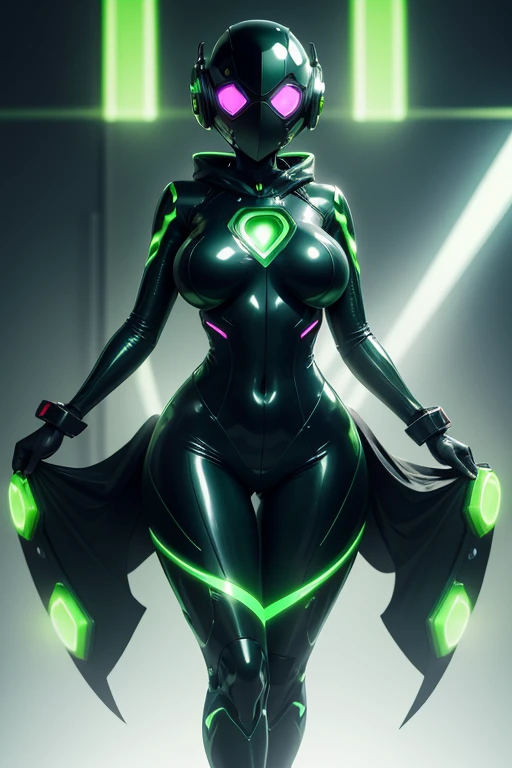 Dronificated unknown woman in a fully enclosed black latex fullbody suit with green lights across the suit and heart shaped glowing core in the chest, fully enclosed cyber helmet that cover her whole face and hides her identity with only two glowing green lines in it's otherwise, empty black face, huge breast, narrow waist, wide hips and thick thigs, in a factory, no face, no hair, no mouth, no eyes