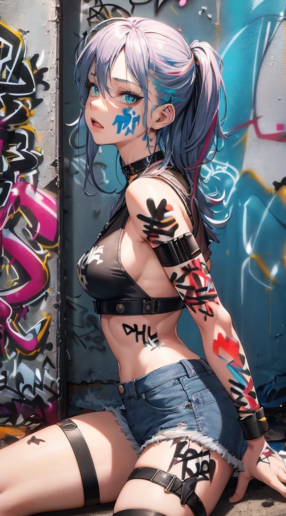 [nudity, explicit] nsfw, masterpiece, best quality, 25 years old beautiful woman, long hair, (mature face:1.4), 1woman, solo, crop top, denim shorts, choker, (face viewer:1.4), plumb ass, thick thighs, thin waist, (graffiti:1.5), paint splatter, arms behind back, against wall, looking at viewer, armband, thigh strap, paint on body, head tilt, bored, multicolored hair (pink, blue), aqua eyes, headset