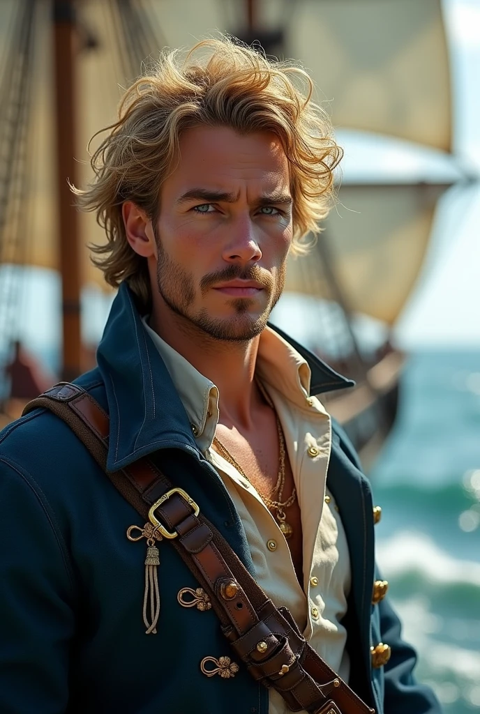 White male、(((2)))、Beautiful young man、Blonde Hair、semi-long、Unshaven、Are thin、Old burn scar around left eye、Top hat and goggles、Navy outfit、Jacket、On the boat