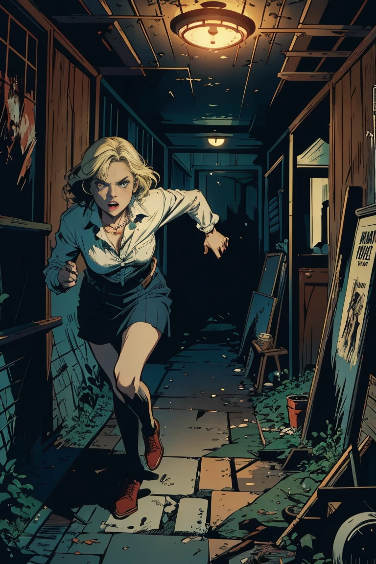 horror movie posters、Beautiful American blonde woman running away in fear、Big Titles：EVIL DEAD、Five men and women escape from creepy zombie forest cabin、