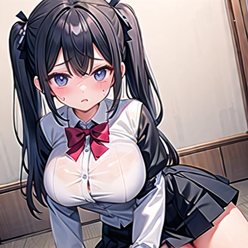 ((4  girl)),(((Long Black Hair:1.6))),(((Straight hair))),(((Red ribbon on back hair))), ((cute)), cute,(((Small breasts:1.3))),(((Lying on the bed by the window))),((Breast touched)),(((White skin))),(((Sweaty)))、(((Put a used condom in your mouth)),(((School uniform:1.2))),(((Detailed depiction of panties))),(((Expressionless))),(((Showing panties)))、(((Emphasis on the crotch))),(((Black socks)))、(((Upper body naked)))