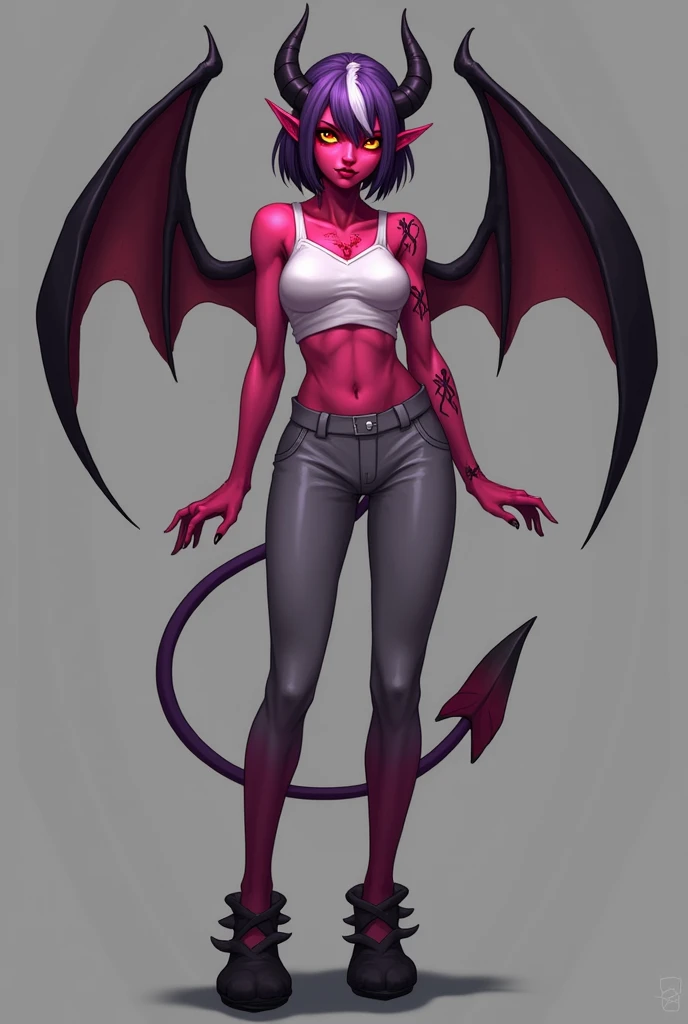score_9,score_8_up,score_7_up,score_6_up, (my little pony), radiant lighting, vibrant colors, whimsical atmosphere, 8K, high resolution, highly detailed, masterpiece, (red body), (long purple hair), ((detailed purple eyes with black sclera)), black camisole top, black thong, ((king pose)), showing butt, medium breasts, succubus horns, succubus tail, folded succubus wings