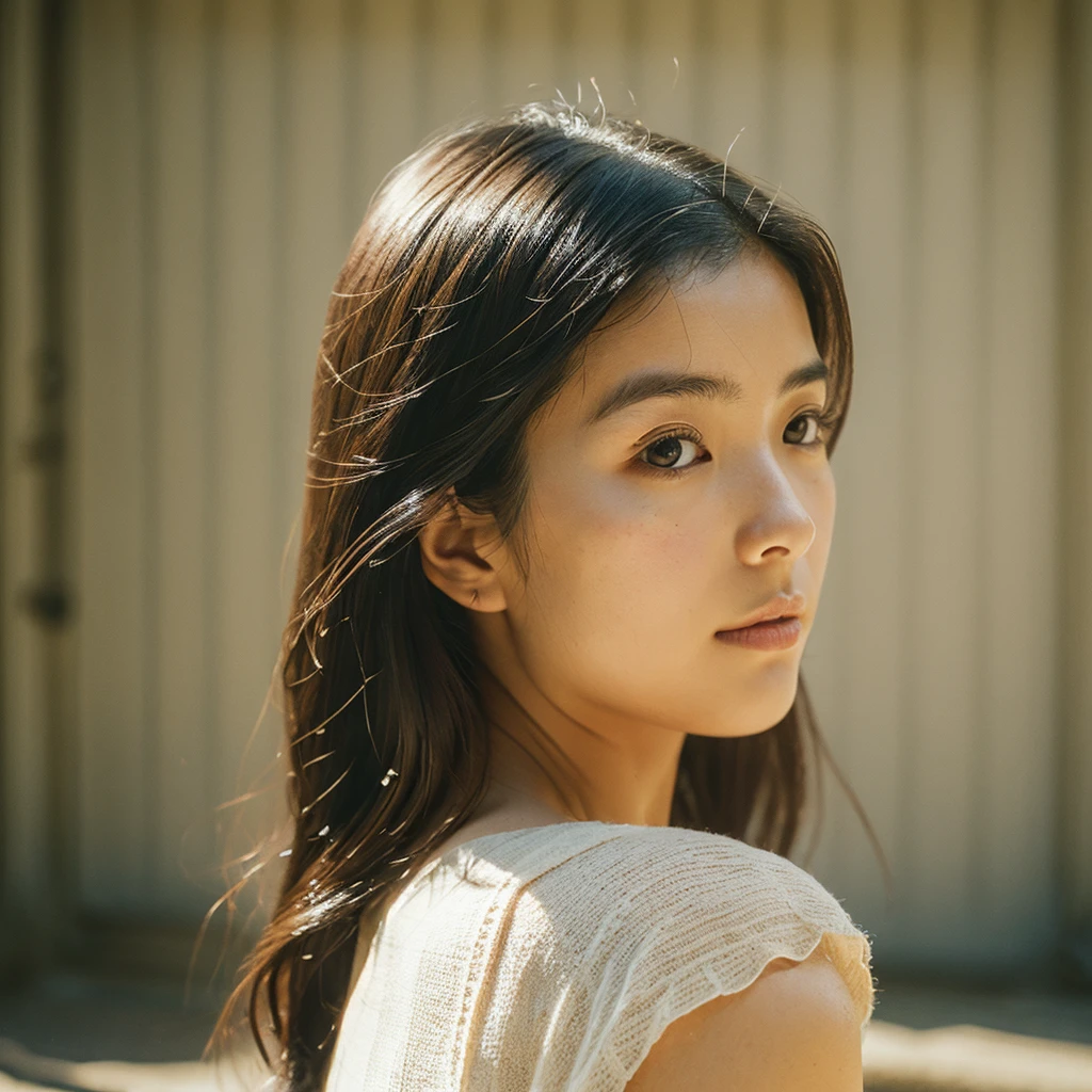 A hyper-realistic image of a single Japanese woman in her early 20s, captured with the nostalgic warmth and subtle graininess of a film camera, focusing on her upper body from the shoulders up. Her skin has a warm beige tone with a natural, slightly rough texture that includes visible pores, fine lines, and subtle imperfections such as small blemishes, adding to the authenticity of her appearance. The soft, diffused natural light enhances the film-like quality, casting gentle shadows across her face and shoulders to create a timeless, organic feel. Her straight, glossy black hair frames her face in a natural, slightly tousled manner, and her deep brown eyes reflect the ambient light, adding depth and emotion. The film camera effect introduces a slight grain and a softer focus, giving the image a warm, nostalgic atmosphere while maintaining the realistic texture of her skin. She is dressed in a simple, elegant top that complements her natural beauty, with the overall composition designed to evoke a sense of genuine, understated elegance. The use of natural light, combined with the deliberately rougher texture of her skin and the film-like qualities, ensures that this image captures the imperfections that make her beauty truly lifelike, focusing solely on this one individual from the shoulders up.