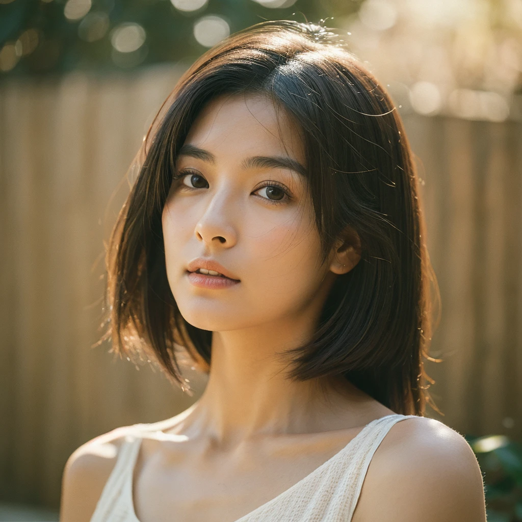 A hyper-realistic image of a single Japanese woman in her early 20s, captured with the nostalgic warmth and subtle graininess of a film camera, focusing on her upper body from the shoulders up. Her skin has a warm beige tone with a natural, slightly rough texture that includes visible pores, fine lines, and subtle imperfections such as small blemishes, adding to the authenticity of her appearance. The soft, diffused natural light enhances the film-like quality, casting gentle shadows across her face and shoulders to create a timeless, organic feel. Her straight, glossy black hair frames her face in a natural, slightly tousled manner, and her deep brown eyes reflect the ambient light, adding depth and emotion. The film camera effect introduces a slight grain and a softer focus, giving the image a warm, nostalgic atmosphere while maintaining the realistic texture of her skin. She is dressed in a simple, elegant top that complements her natural beauty, with the overall composition designed to evoke a sense of genuine, understated elegance. The use of natural light, combined with the deliberately rougher texture of her skin and the film-like qualities, ensures that this image captures the imperfections that make her beauty truly lifelike, focusing solely on this one individual from the shoulders up.