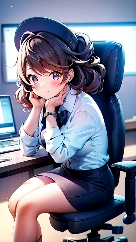 A cute in Scorpio-themed professional attire, sitting at an office desk surrounded by documents and a computer. She is focused and energetic, working hard. The office is realistic, with a modern desk and office supplies, creating a busy and productive atmosphere.