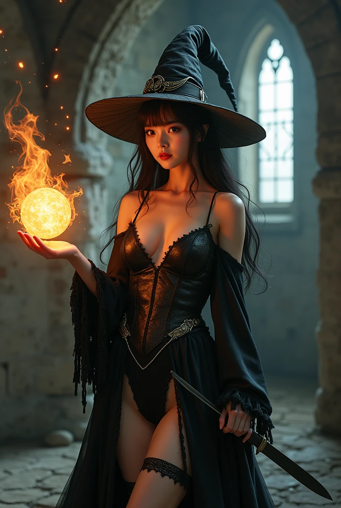 ((Best Quality, 8K, Masterpiece: 1.3)),Sharp: 1.2,Perfect Body Beauty: 1.4,cute girl,Highly detailed face and skin texture,detailed eyes,double eyelids,smile,(slit tight skirt),tight-dress,((fantasy)),((witch)),spread arms,((using fireball magic)),(wide shot)