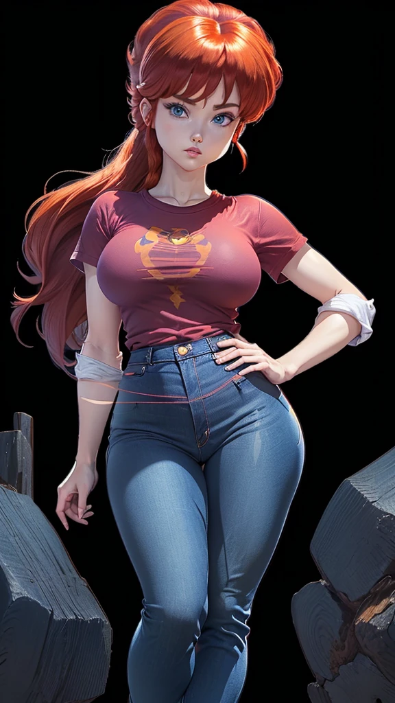 (Ranma)(1solo)(1girl)((Solo)) ((Masterpiece)) ((High Quality)) (slim thick)((Perfect Face)) ((Huge Breasts)) ((Wide Hips)) ((Narrow Waist)) ((Beautiful)) ((Redhead)) ((Long Hair)) ((Light Skin)) ((Cute Nose)) ((BLue Eyes)) ((Young)) ((Transparent Tee Shirt)) ((Jeans))(cameltoe)