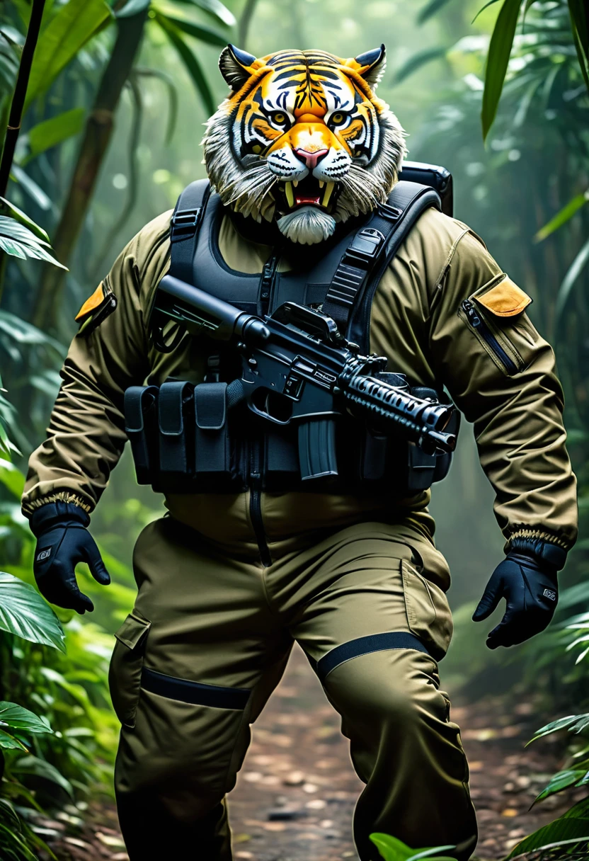 (a dark-skinned bearded fat muscular old man in a bulky army camouflage zipper diver suit) carrying a bazooka, (wearing realistic roaring tiger mask), dynamic action pose, fierce expression, showcasing an imposing stature, surrounded by military elements, dramatic shadows and intense highlights, cinematic color tones, high detail, powerful, art influenced by Bruce Onobrakpeya and Stanley Artgerm, ultra-detailed, best quality image, action-packed atmosphere. jungle
