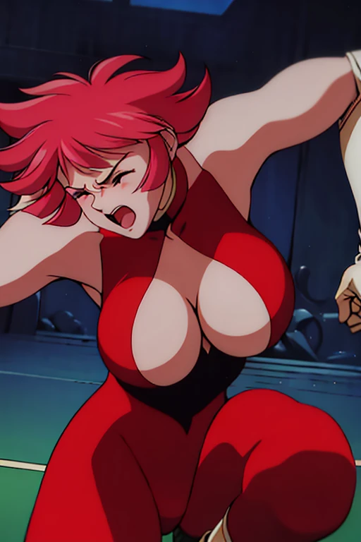 masterpiece, high resolution, best quality, rendered art, beautiful art, well formed fingers and hands and body, 1 woman, solo, shin_cutie_honey, red hair, sexy leotard, sexy and skimpy outfit, white boots, cleavage, big and large breasted, full body portrait, bouncing breasts, sweating, ryona , in peril, she is being beaten up by her opponent, closed eyes, she is knocked down and she is slapped in the face , slipping down and falling down on the floor, receiving the impact of her opponent's attacks, closed eyes, screaming in pain and agony, heroine in peril, ryona and perilous scene, bouncing breasts, weak and helpless, martial arts tournament on the beach
