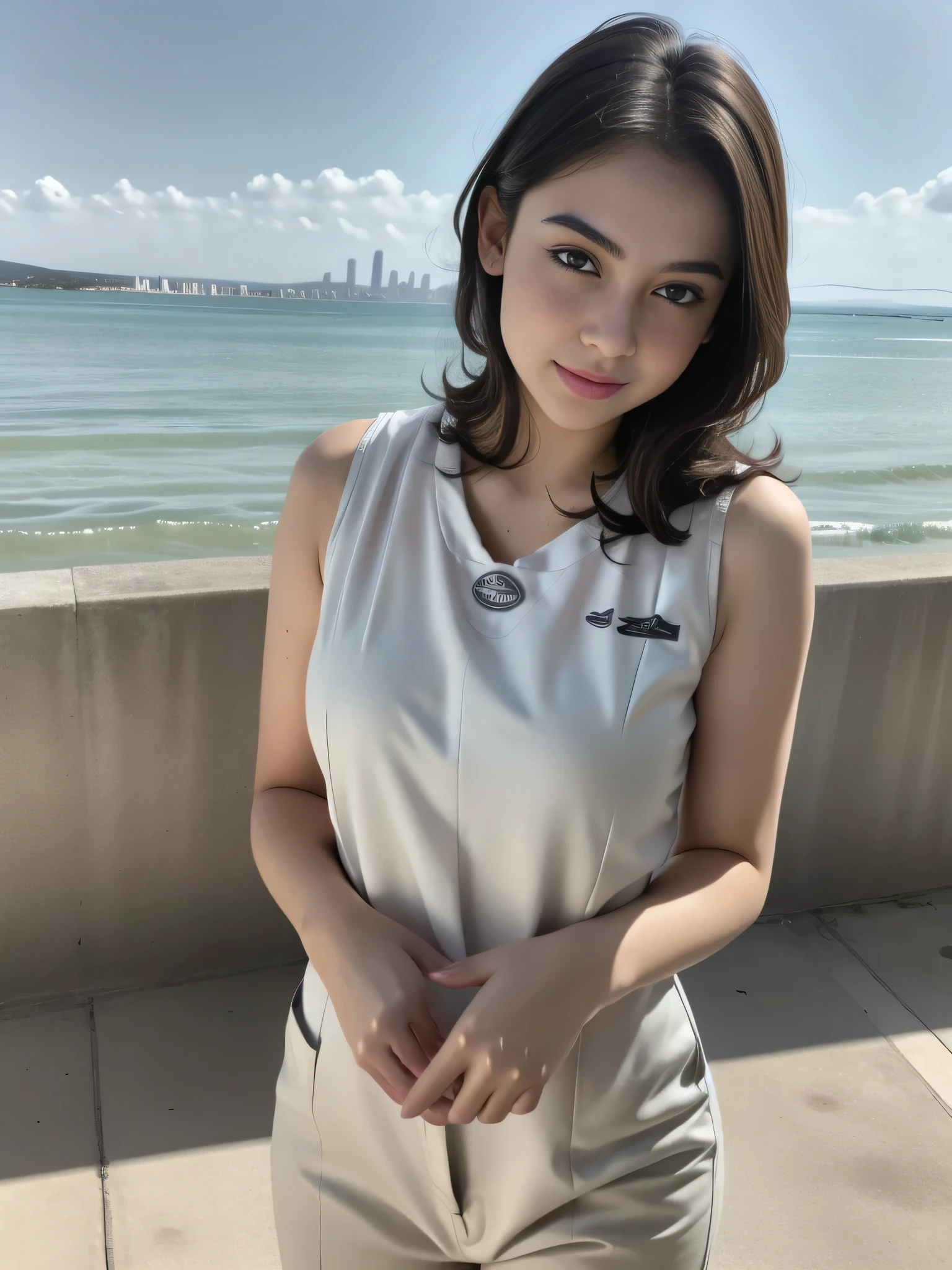 1girl, (uniform), standing, outdoors, beach view, detailed Metropolitan city at the background, (zoom out: 1.4), detailed face, detailed eyes, brunette, big breasts, smooth realistic skin, semi-curvy body, white tanktop, thin hot pants, looking at the audience, (8k, RAW photo, best quality, masterpiece: 1.2), (realistic, realistic: 1.37), ultra-high resolution, F/1.2, 