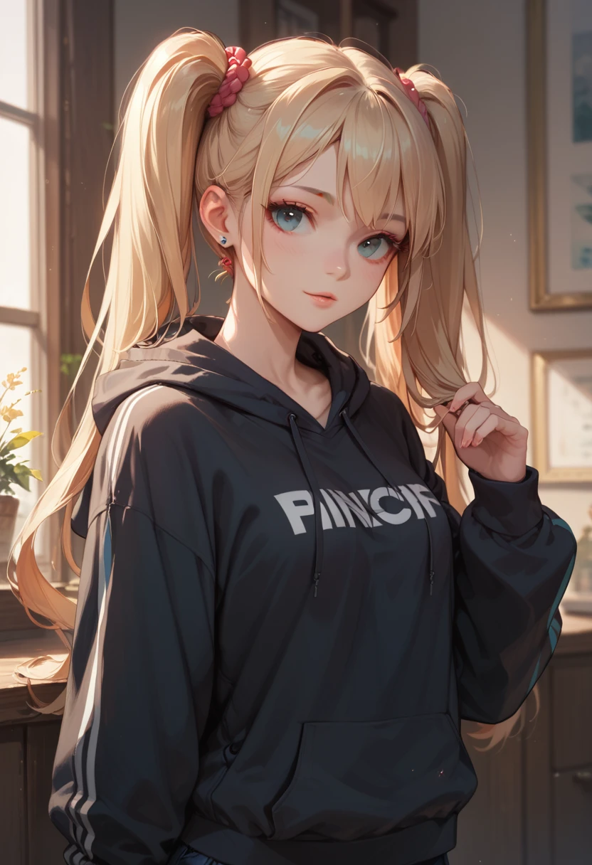 A beautiful girl with twin tails and a hoodie