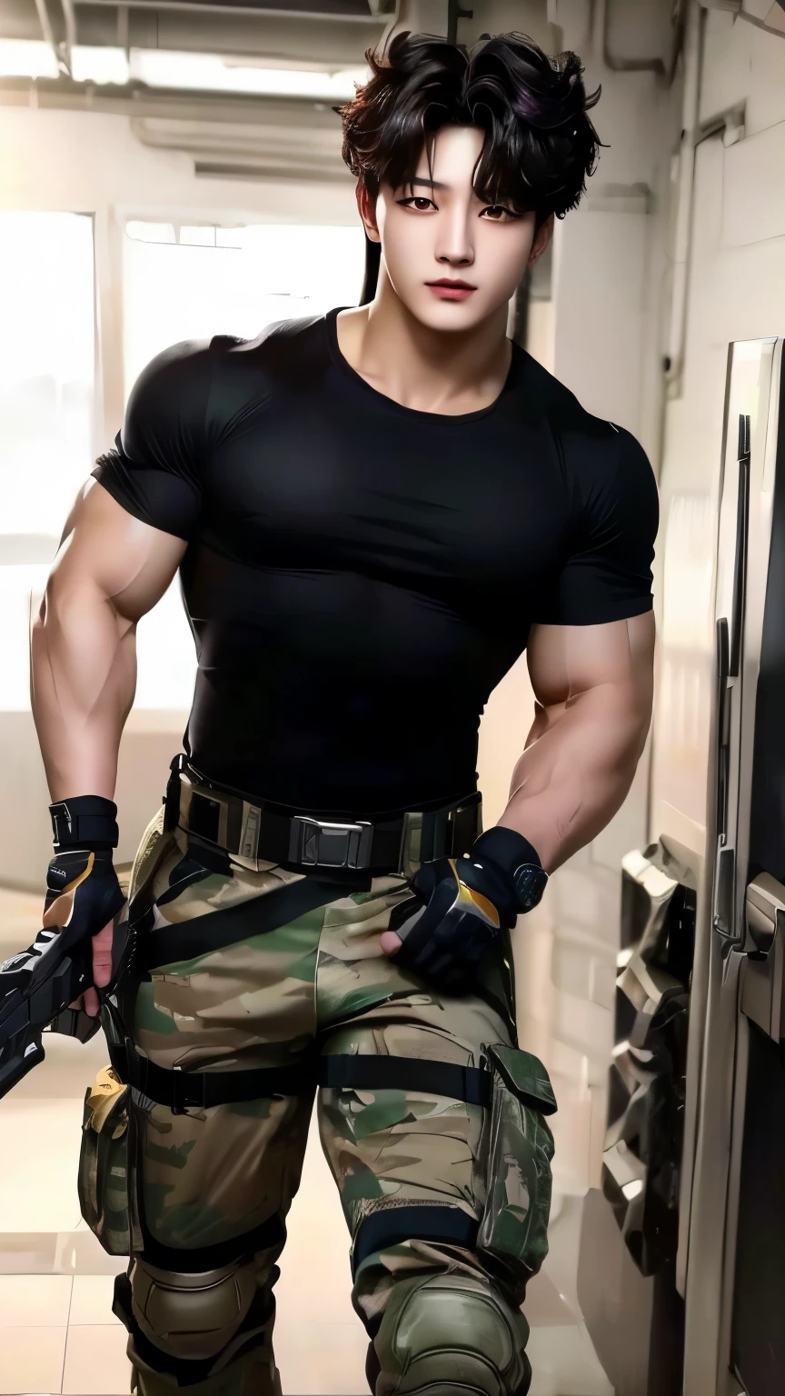 a close up of a person in a uniform holding a gun, muscular male hero, muscular! cyberpunk, gigachad muscular, muscular character, super buff and cool, muscular!!, fairly muscular, muscular!, a muscular, strong and imposing, muscular!!!, as a character in tekken, chris redfield, snk, manhwa, muscular characters, big arms, jung kook, neon jung kook, jk, jeon jungkook
