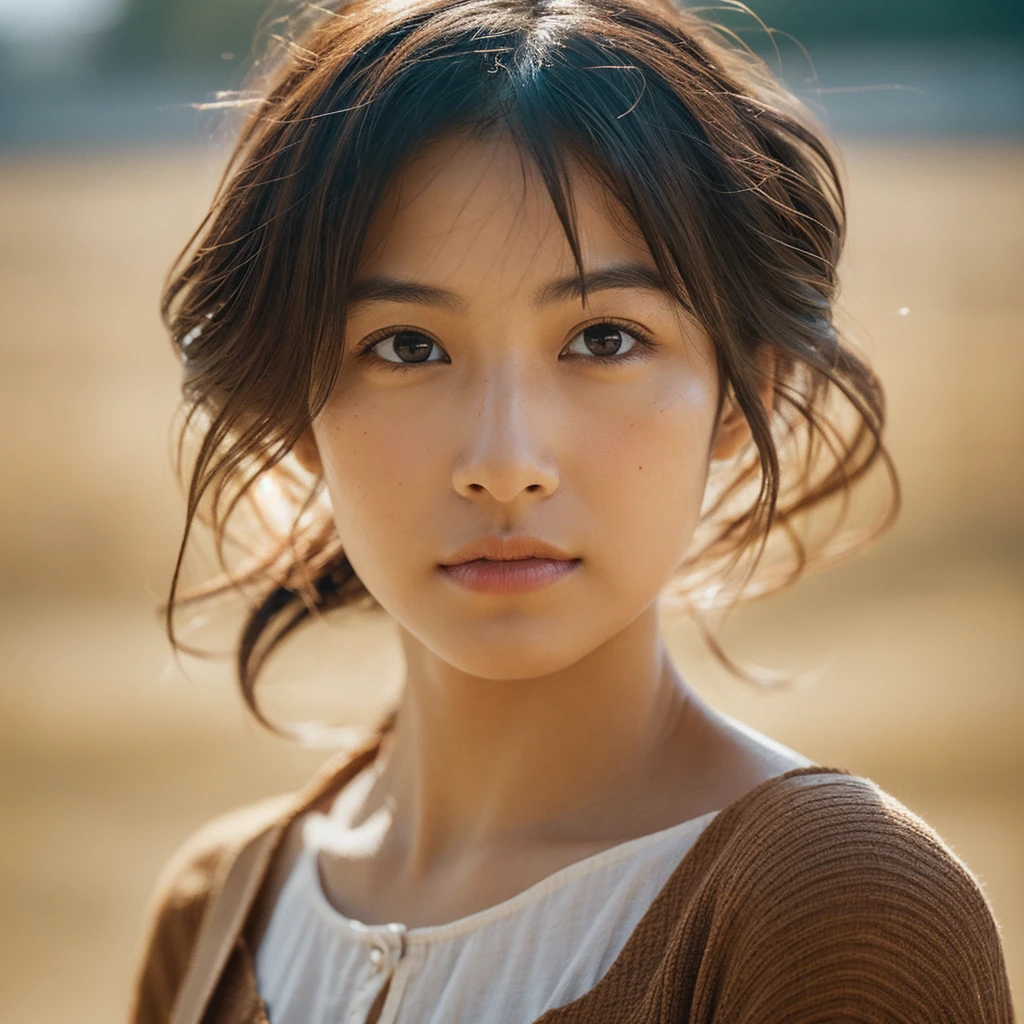 A hyper-realistic image of a single Japanese woman in her early 20s, captured with the nostalgic warmth and subtle graininess of a film camera, focusing on her upper body from the shoulders up. Her skin has a warm beige tone with a natural, slightly rough texture that includes visible pores, fine lines, and subtle imperfections such as small blemishes, adding to the authenticity of her appearance. The soft, diffused natural light enhances the film-like quality, casting gentle shadows across her face and shoulders to create a timeless, organic feel. Her straight, glossy black hair frames her face in a natural, slightly tousled manner, and her deep brown eyes reflect the ambient light, adding depth and emotion. The film camera effect introduces a slight grain and a softer focus, giving the image a warm, nostalgic atmosphere while maintaining the realistic texture of her skin. She is dressed in a simple, elegant top that complements her natural beauty, with the overall composition designed to evoke a sense of genuine, understated elegance. The use of natural light, combined with the deliberately rougher texture of her skin and the film-like qualities, ensures that this image captures the imperfections that make her beauty truly lifelike, focusing solely on this one individual from the shoulders up.