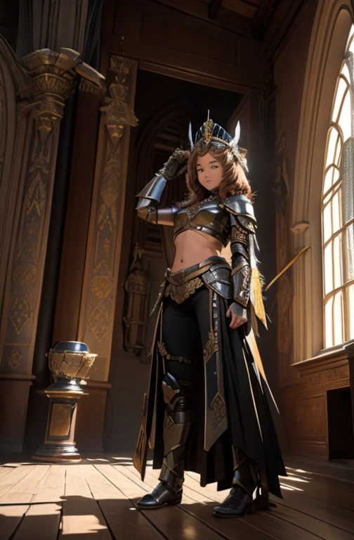 (1 mature muscular female paladin,gorgeous paladin armor,arm guard,leg guard,headdress,25yo), ((castle,The King's Chamber)),(smile),dynamic pose,dynamic angle,navel,pose for photo,from below